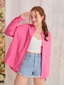 SHEIN Teen Girls Solid Button Front Drop Shoulder Shirt - Hot Pink - View 1