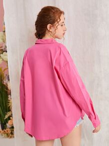 SHEIN Teen Girls Solid Button Front Drop Shoulder Shirt - Hot Pink - View 2
