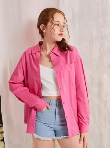 SHEIN Teen Girls Solid Button Front Drop Shoulder Shirt - Hot Pink - View 4