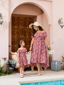 SHEIN Toddler Girls 1pc Floral Print Off Shoulder Ruffle Trim Dress - Multicolor - View 3