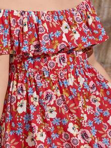 SHEIN Toddler Girls 1pc Floral Print Off Shoulder Ruffle Trim Dress - Multicolor - View 5