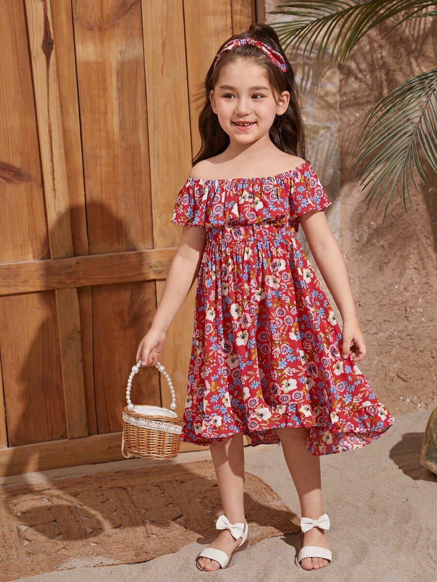 SHEIN Toddler Girls 1pc Floral Print Off Shoulder Ruffle Trim Dress - Multicolor - View 1