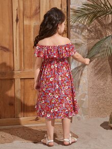 SHEIN Toddler Girls 1pc Floral Print Off Shoulder Ruffle Trim Dress - Multicolor - View 6