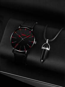 1 pieza Hombres Reloj cuarzo de puntero redondo & 1 pieza Collar - Negro - Ver 1