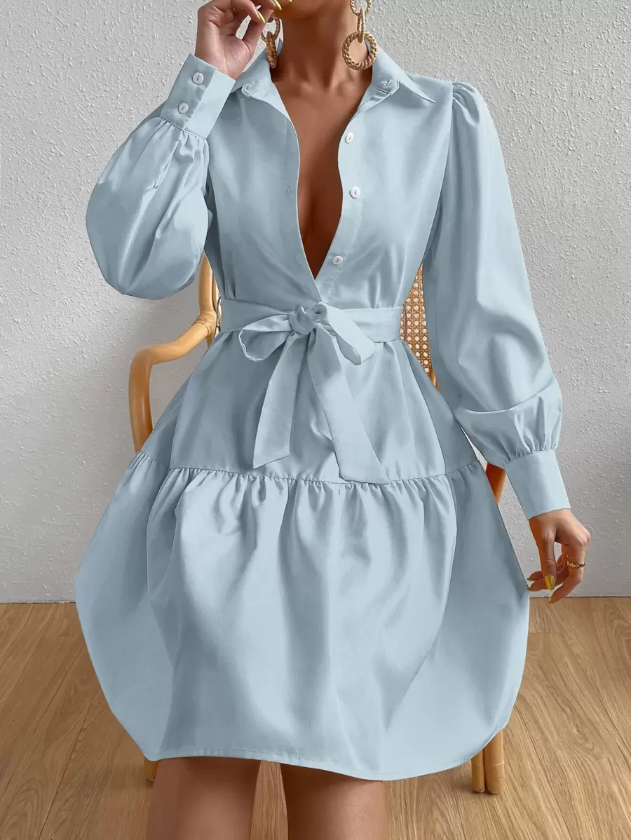 Chiquease Lantern Sleeve Ruffle Hem Belted Shirt Dress - Baby Blue - View 1