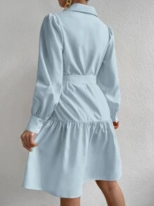 Chiquease Lantern Sleeve Ruffle Hem Belted Shirt Dress - Baby Blue - View 2