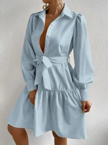 Chiquease Lantern Sleeve Ruffle Hem Belted Shirt Dress - Baby Blue - View 3