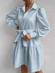 Chiquease Lantern Sleeve Ruffle Hem Belted Shirt Dress - Baby Blue - View 4