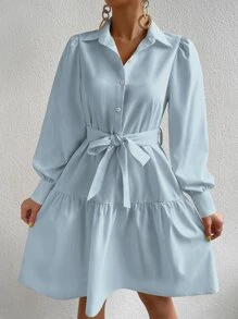 Chiquease Lantern Sleeve Ruffle Hem Belted Shirt Dress - Baby Blue - View 5