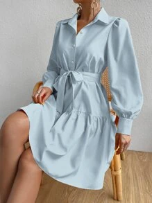 Chiquease Lantern Sleeve Ruffle Hem Belted Shirt Dress - Baby Blue - View 6