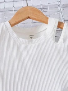 SHEIN Tween Girl Cut Out Tank Top & Ditsy Floral Ruffle Hem Skirt - Coral Pink - View 3