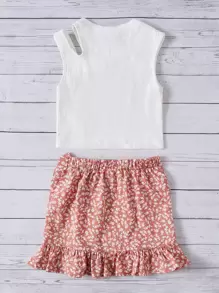 SHEIN Tween Girl Cut Out Tank Top & Ditsy Floral Ruffle Hem Skirt - Coral Pink - View 2