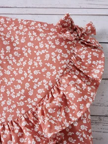 SHEIN Tween Girl Cut Out Tank Top & Ditsy Floral Ruffle Hem Skirt - Coral Pink - View 4