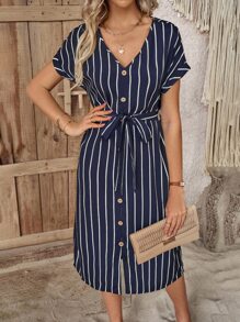 EMERY ROSE 條紋印花前紐扣蝙蝠袖繫腰帶洋裝 - 藏蓝色 - 查看 1