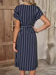EMERY ROSE 條紋印花前紐扣蝙蝠袖繫腰帶洋裝 - 藏蓝色 - 查看 2