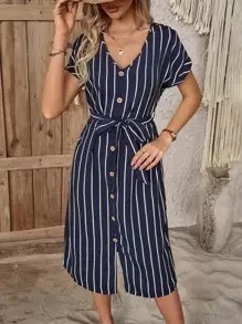 EMERY ROSE 條紋印花前紐扣蝙蝠袖繫腰帶洋裝 - 藏蓝色 - 查看 3