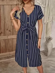 EMERY ROSE 條紋印花前紐扣蝙蝠袖繫腰帶洋裝 - 藏蓝色 - 查看 4