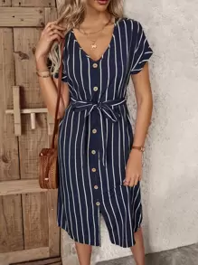 EMERY ROSE 條紋印花前紐扣蝙蝠袖繫腰帶洋裝 - 藏蓝色 - 查看 5