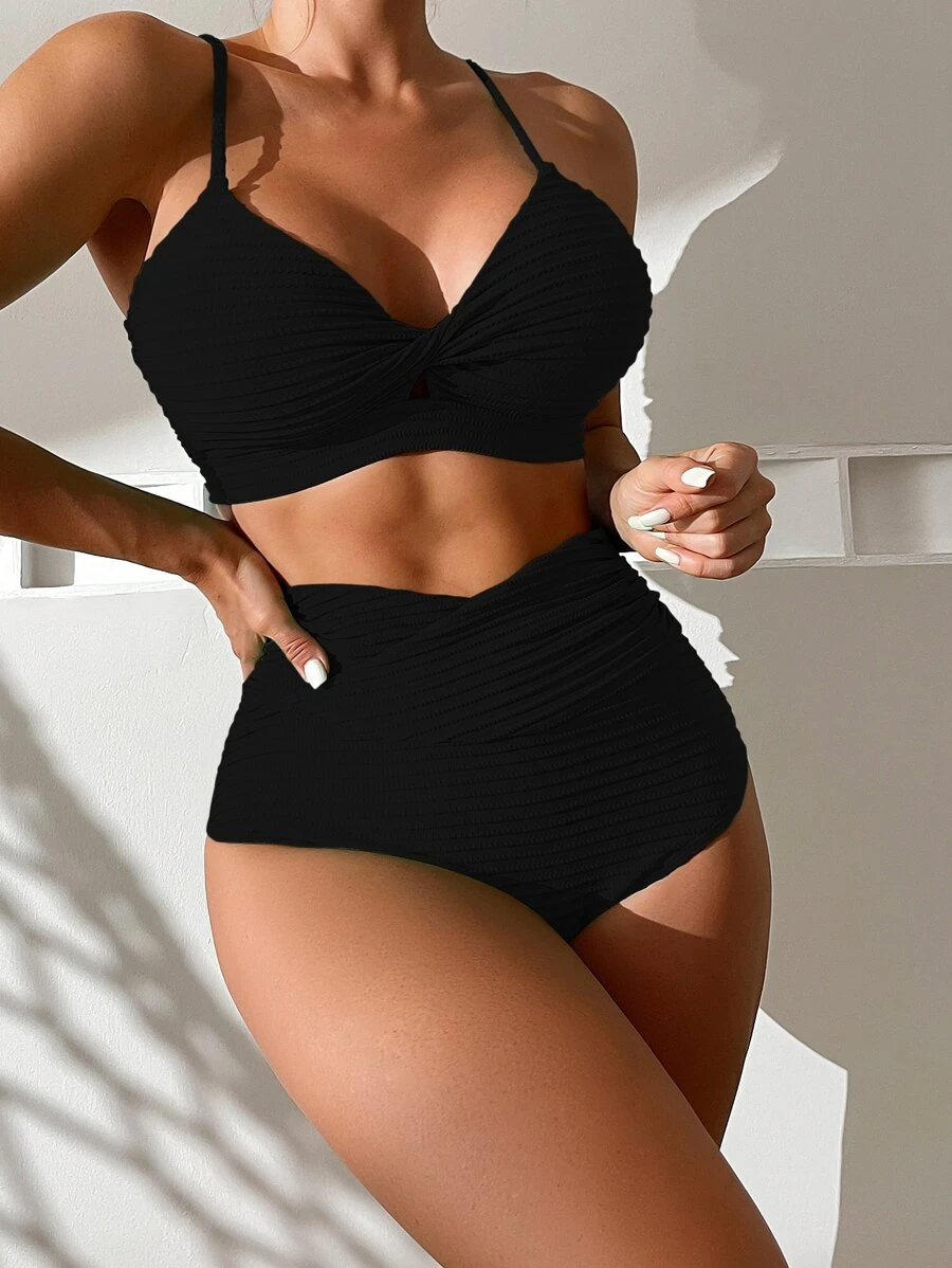 Swim Chiccia Summer Beach Twist Front High Waisted Bikini Set - Black - View 1