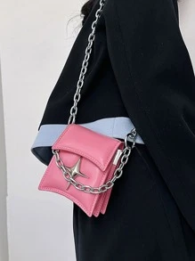迷你鏈條裝飾翻蓋方包 - 粉色 - 查看 1