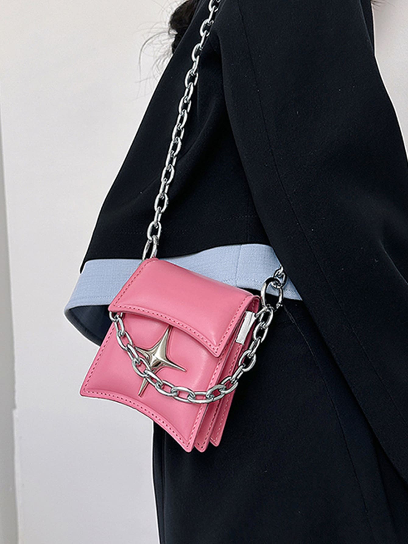 迷你鏈條裝飾翻蓋方包 - 粉色 - 查看 1