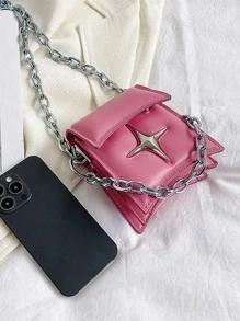 迷你鏈條裝飾翻蓋方包 - 粉色 - 查看 3