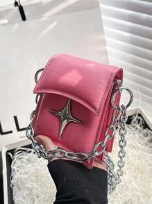 迷你鏈條裝飾翻蓋方包 - 粉色 - 查看 5