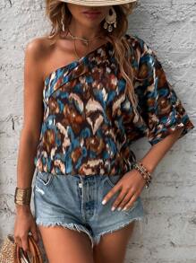 SHEIN VCAY Allover Print One Shoulder Batwing Sleeve Blouse - Multicolor - View 2