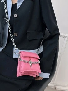 迷你鏈條裝飾翻蓋方包 - 粉色 - 查看 6