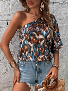 SHEIN VCAY Allover Print One Shoulder Batwing Sleeve Blouse - Multicolor - View 4