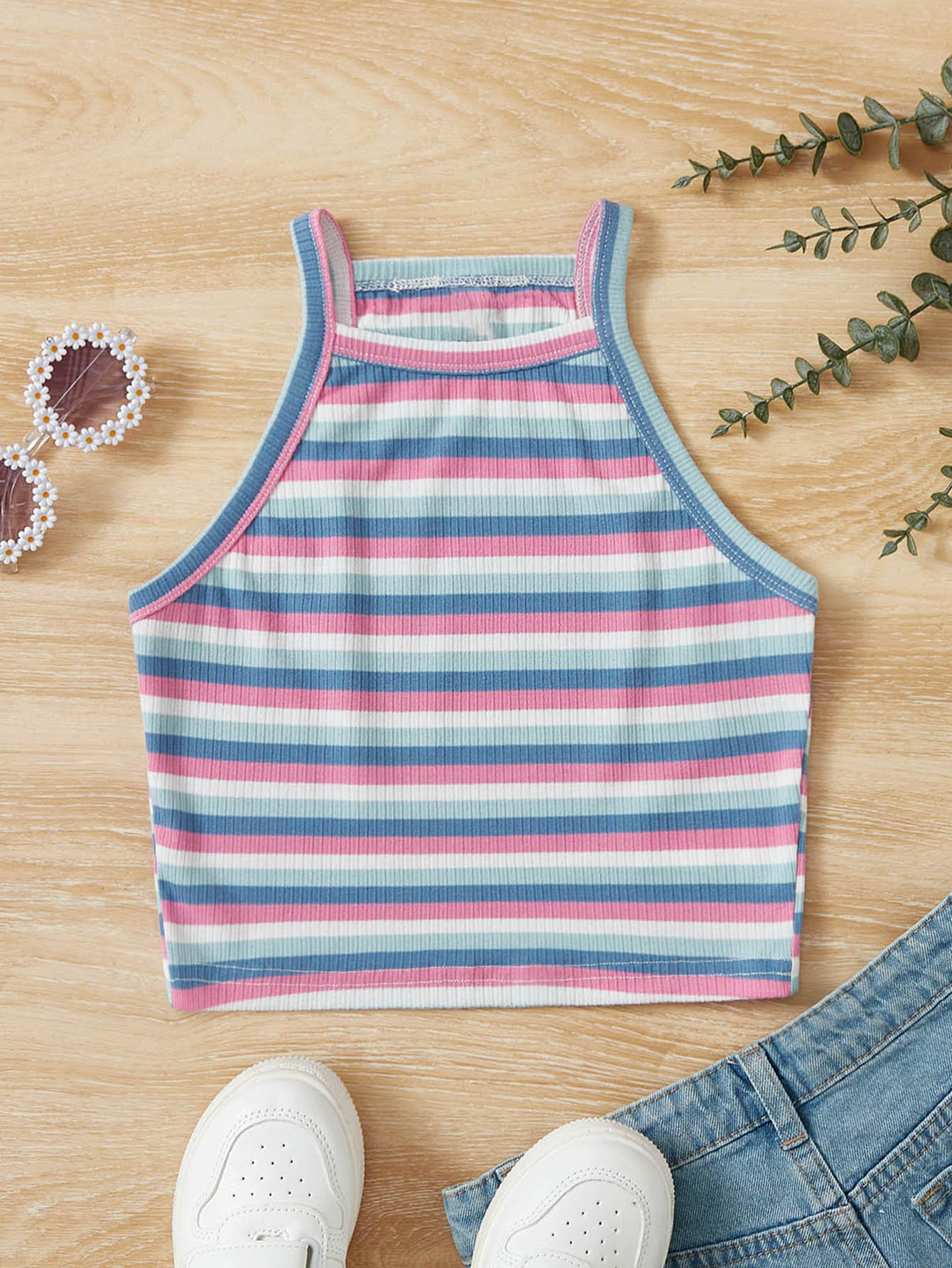 SHEIN Teen Girls Striped Print Halter Top - Multicolor - View 1