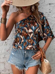 SHEIN VCAY Allover Print One Shoulder Batwing Sleeve Blouse - Multicolor - View 6