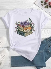 INAWLY Book And Floral Print Tee - White - View 1