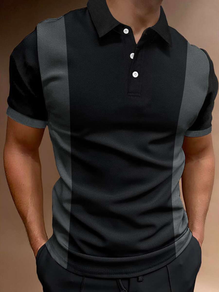 Manfinity Homme Hombres Camisa polo panel en contraste - Negro - Ver 1