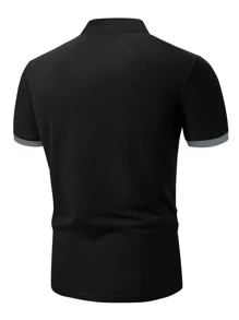 Manfinity Homme Hombres Camisa polo panel en contraste - Negro - Ver 2