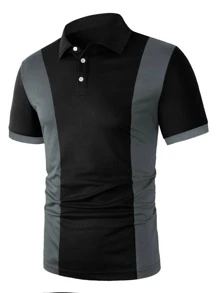 Manfinity Homme Hombres Camisa polo panel en contraste - Negro - Ver 3