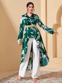 Mulvari Floral Print High Low Hem Blouse Without Belt - Green - View 1