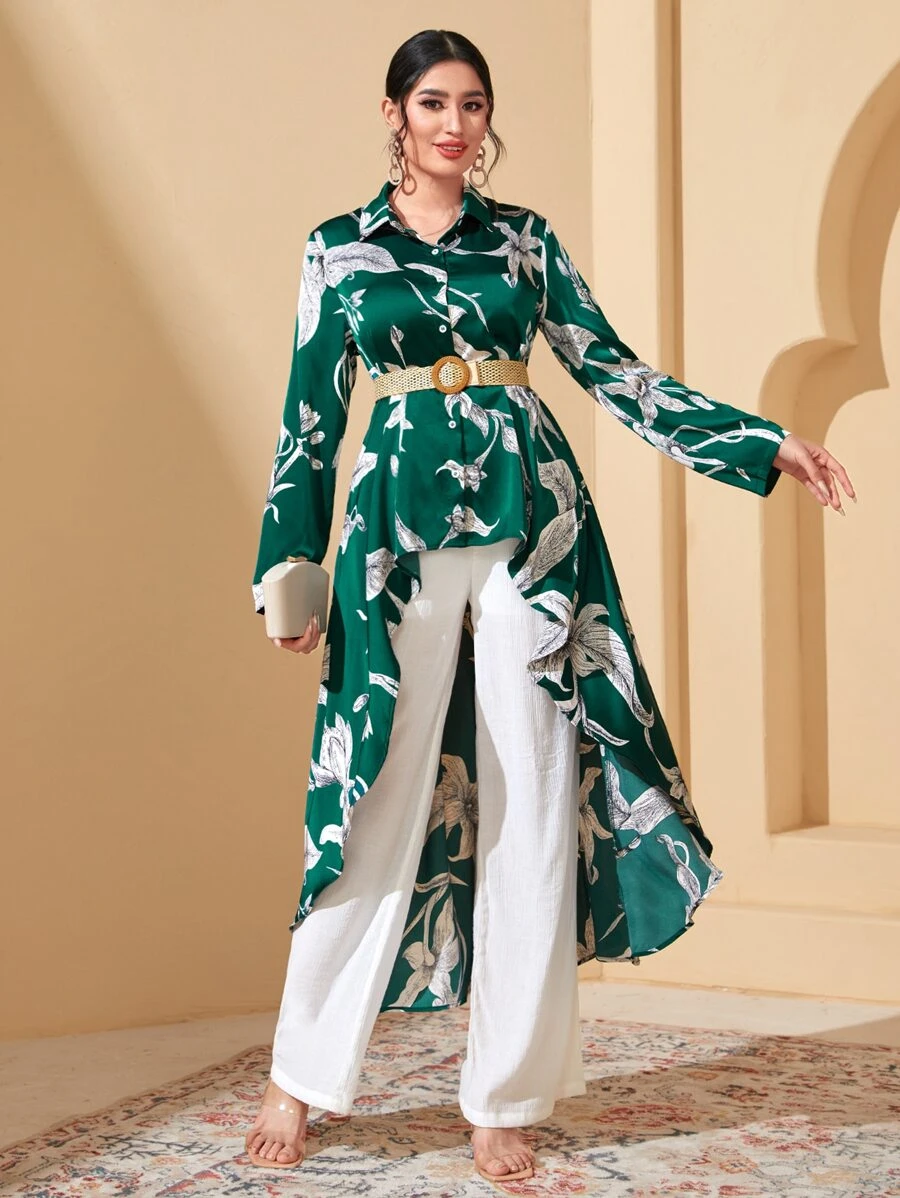 Mulvari Floral Print High Low Hem Blouse Without Belt - Green - View 1