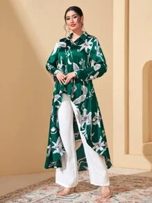 Mulvari Floral Print High Low Hem Blouse Without Belt - Green - View 3