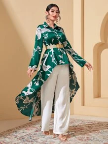Mulvari Floral Print High Low Hem Blouse Without Belt - Green - View 4