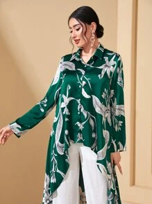 Mulvari Floral Print High Low Hem Blouse Without Belt - Green - View 5