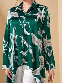 Mulvari Floral Print High Low Hem Blouse Without Belt - Green - View 6