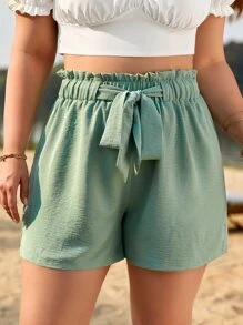 SHEIN Frenchy Plus Paperbag Waist Knot Front Shorts - Green - View 1