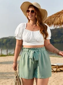 SHEIN Frenchy Plus Paperbag Waist Knot Front Shorts - Green - View 4