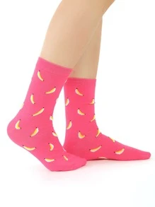 香蕉印花中筒襪 - 粉色 - 查看 2
