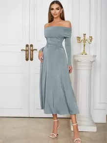 Vestido de hombros descubiertos de cintura con fruncido - Gris - Ver 1