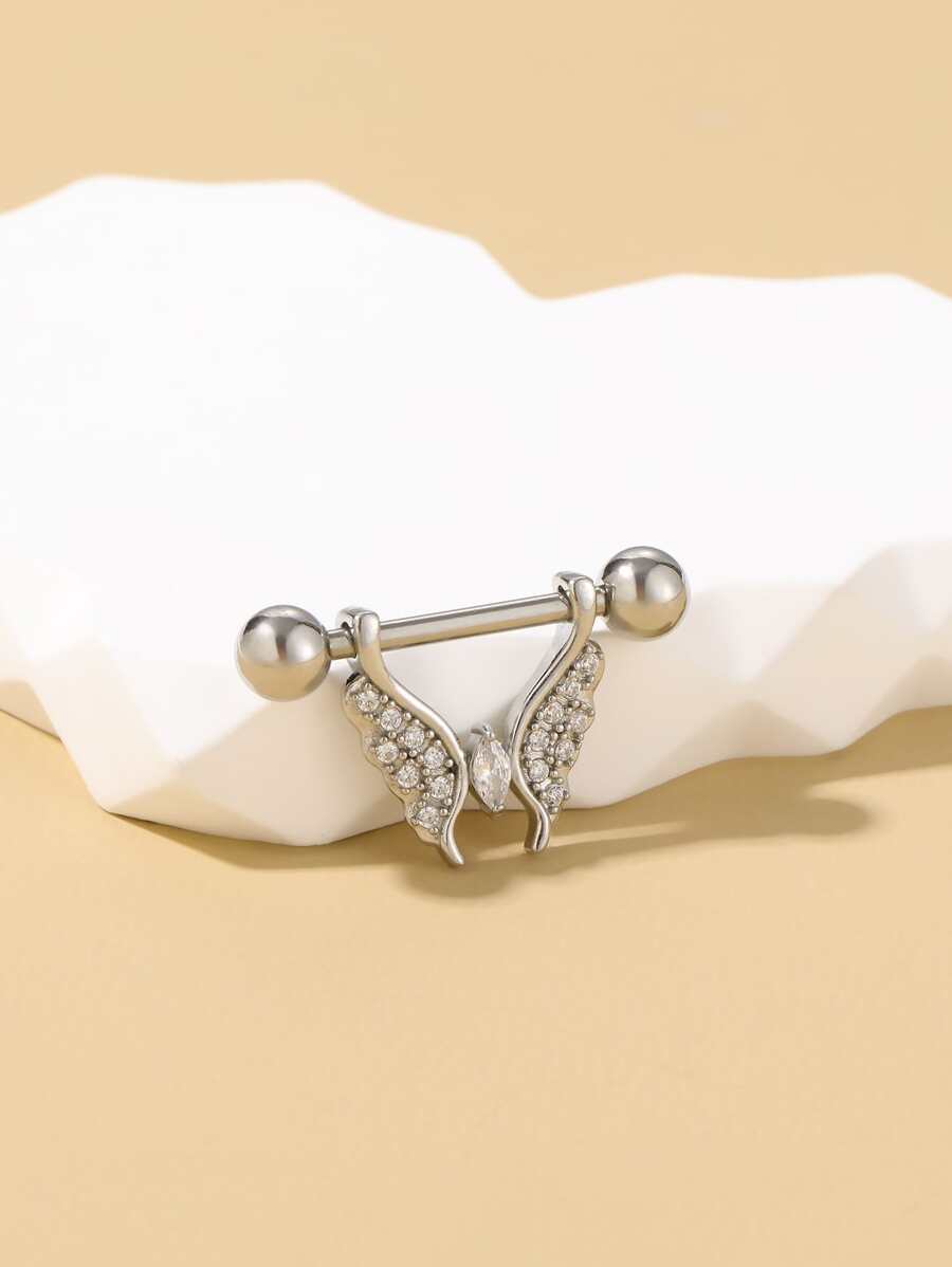 Anillo de pezón zirconia cúbica con diseño de mariposa - Plateado - Ver 1