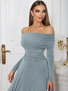 Vestido de hombros descubiertos de cintura con fruncido - Gris - Ver 3