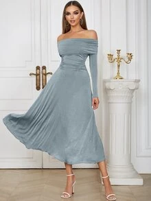 Vestido de hombros descubiertos de cintura con fruncido - Gris - Ver 4