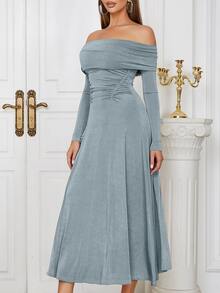 Vestido de hombros descubiertos de cintura con fruncido - Gris - Ver 5